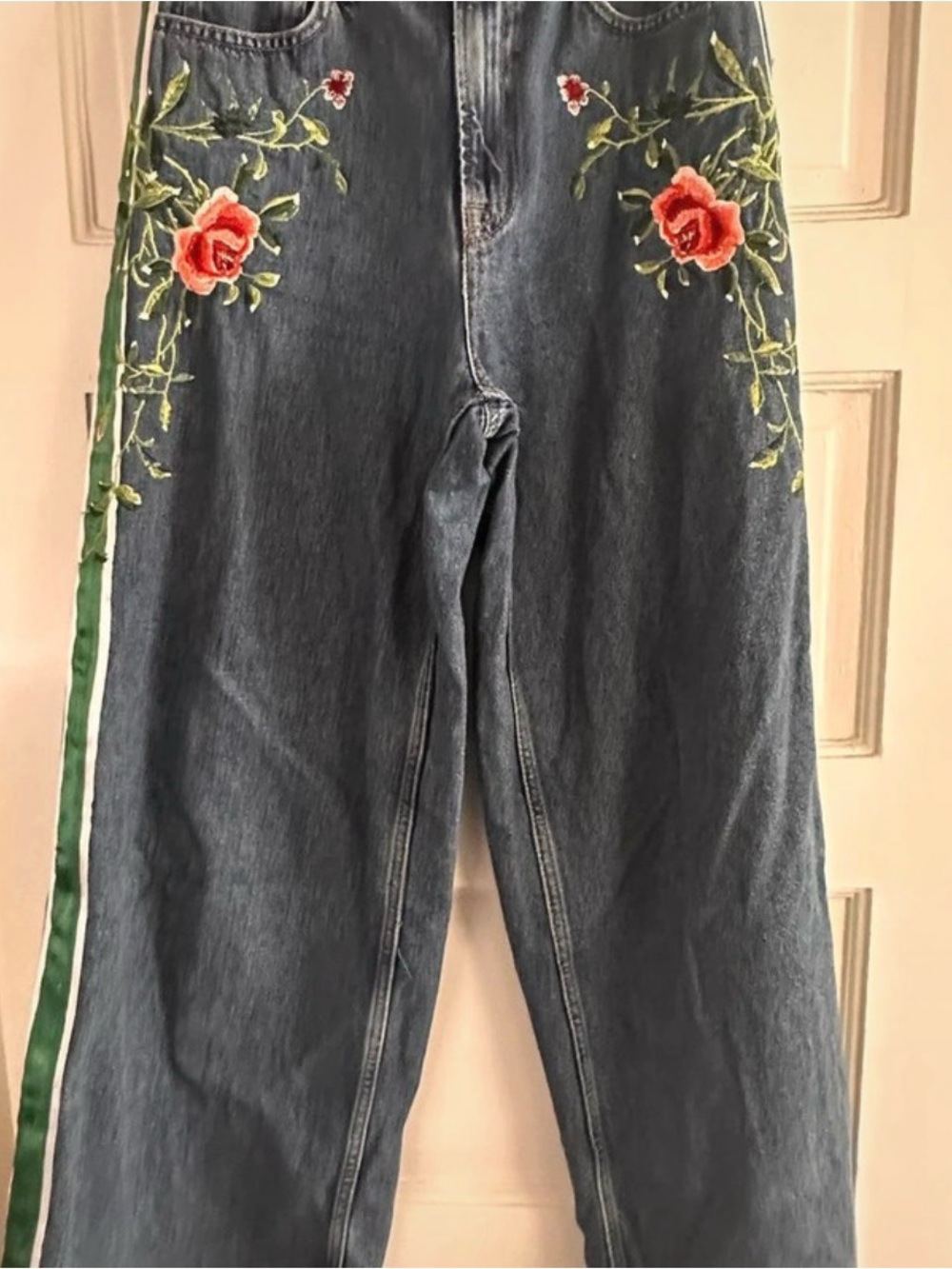 Topshop Blue Wide-Leg Jeans with Rose Embroidery